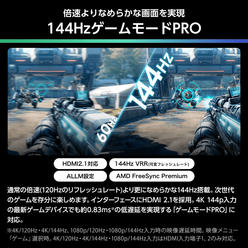 倍速よりなめらかな画面を実現 144HzゲームモードPRO 通常の倍速(120Hzのリフレッシュレート)より更になめらかな144Hz搭載。次世代のゲームを存分に楽しめます。インターフェースにHDMI 2.1を採用。4K 144p入力の最新ゲームデバイスでも約0.83ms※の低遅延を実現する「ゲームモードPRO」に対応。※4K/120Hz・4K/144Hz、1080p/120Hz・1080p/144Hz入力時の映像遅延時間。映像メニュー「ゲーム」選択時。4K/120Hz・4K/144Hz・1080p/144Hz入力はHDMI入力端子1、2のみ対応。
