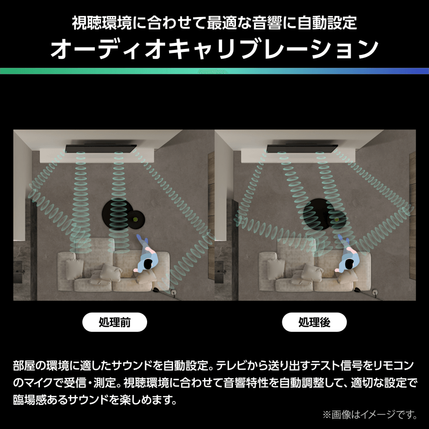 視聴環境に合わせて最適な音響に自動設定 オーディオキャリブレーション 部屋の環境に適したサウンドを自動設定。テレビから送り出すテスト信号をリモコンのマイクで受信・測定。視聴環境に合わせて音響特性を自動調整して、適切な設定で臨場感あるサウンドを楽しめます。