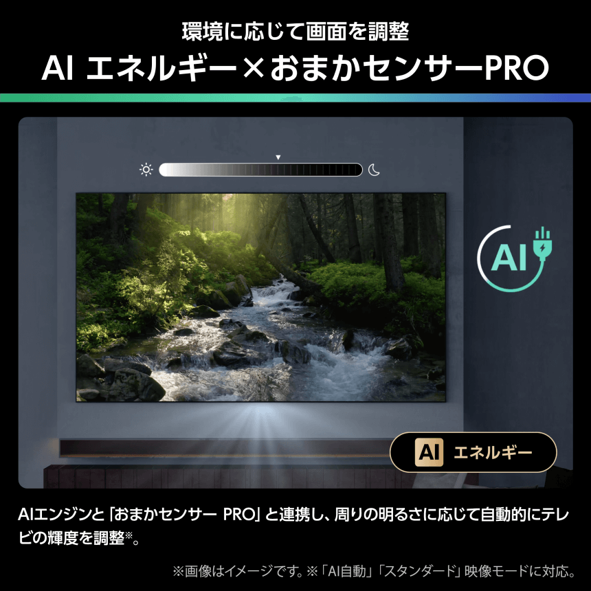 環境に応じて画面を調整 AI エネルギー×おまかせセンサーPRO AIエンジンと「おまかせセンサーPRO」と連携し、周りの明るさに応じて自動的にテレビの輝度を調整※。※「AI自動」「スタンダード」映像モードに対応。