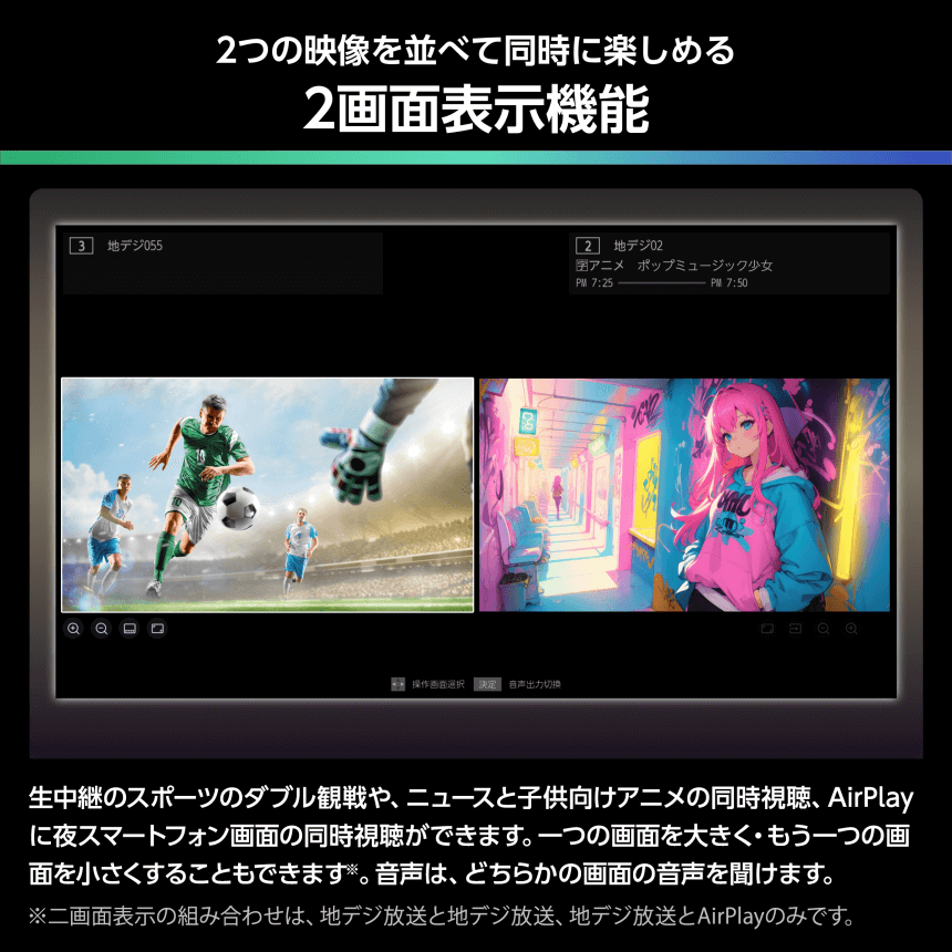 2つの映像を並べて同時に楽しめる 2画面表示機能 生中継のスポーツのダブル観戦や、ニュースと子供向けアニメの同時視聴、AirPlayに夜スマートフォン画面の同時視聴ができます。一つの画面を大きく・もう一つの画面を小さくすることもできます※。音声は、どちらかの画面の音声を聞けます。※二画面表示の組み合わせは、地デジ放送と地デジ放送、地デジ放送とAirPlayのみです。