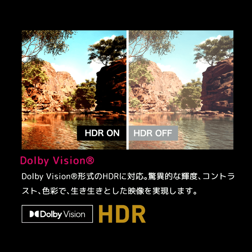 DolbyVison形式のHDRに対応。驚異的な輝度、コントラスト、色彩で生き生きとした映像を実現します。