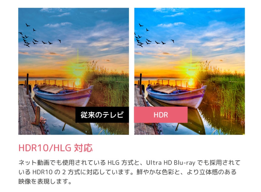 HDR10/HLG 対応 ネット動画でも使用されている HLG 方式と、Ultra HD Blu-ray でも採用されている HDR10 の2方式に対応しています。鮮やかな色彩と、より立体感のある映像を表現します。
