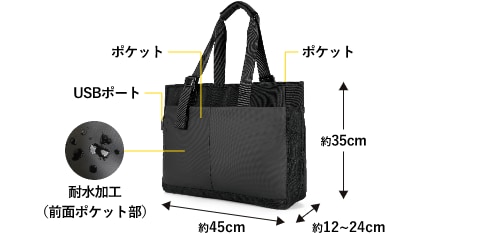 USBポート付きトートバッグ 29L GRELW-UTB51003 BK 製品情報1
