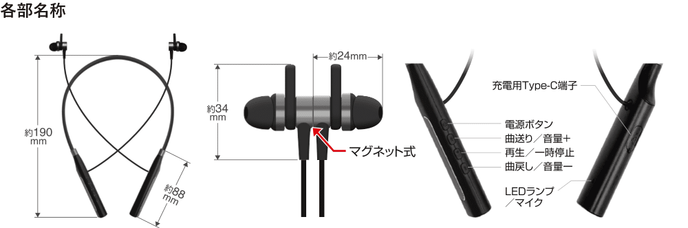 ネック式カナル型ワイヤレスイヤホン 製品特徴1