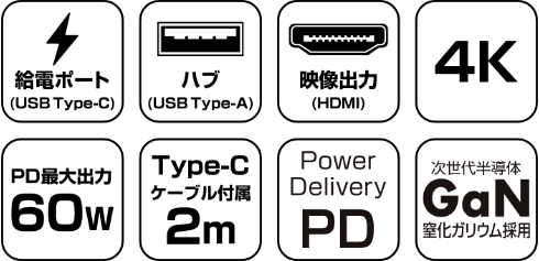 PD60W 3in1 マルチドック充電器 GH-ACU3PB-BK 製品特徴
