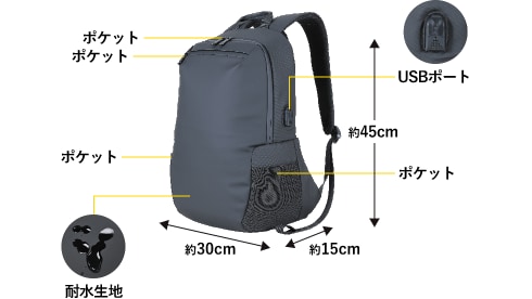 USBポート付きデイパック 20L GRELW-UDP3014 BK 製品情報1