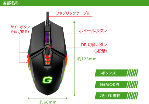 LED搭載有線ゲーミングマウス GRPCT-WGMXM05BK 製品情報1