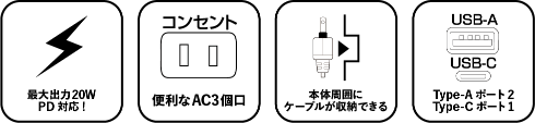 USBﾎﾟｰﾄ付 ﾓﾊﾞｲﾙ電源ﾀｯﾌﾟ 3口+3ﾎﾟｰﾄの製品情報2