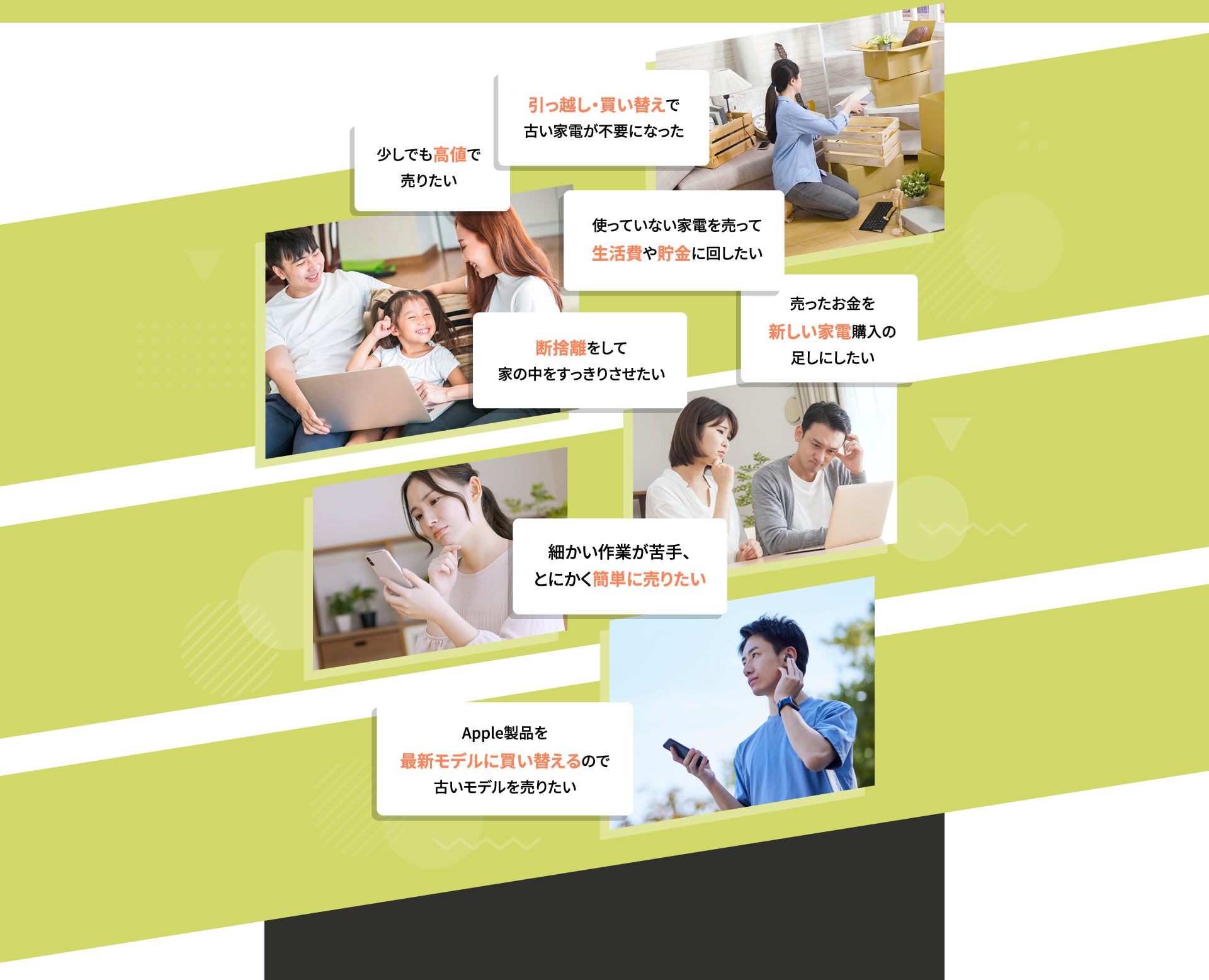 引っ越し・買い替えで古い家電が不要になった 少しでも高値で売りたい 使っていない家電を売って生活費や貯金に回したい 売ったお金を新しい家電購入の足しにしたい 断捨離をして家の中をすっきりさせたい 細かい作業が苦手、とにかく簡単に売りたい Apple製品を最新モデルに買い替えるので古いモデルを売りたい