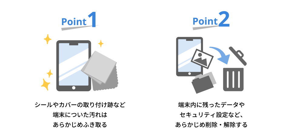 1シールやカバーの取り付け跡など<br>端末についた汚れは<br>あらかじめふき取る 2端末内に残ったデータや<br>セキュリティ設定など、<br>あらかじめ削除・解除する 