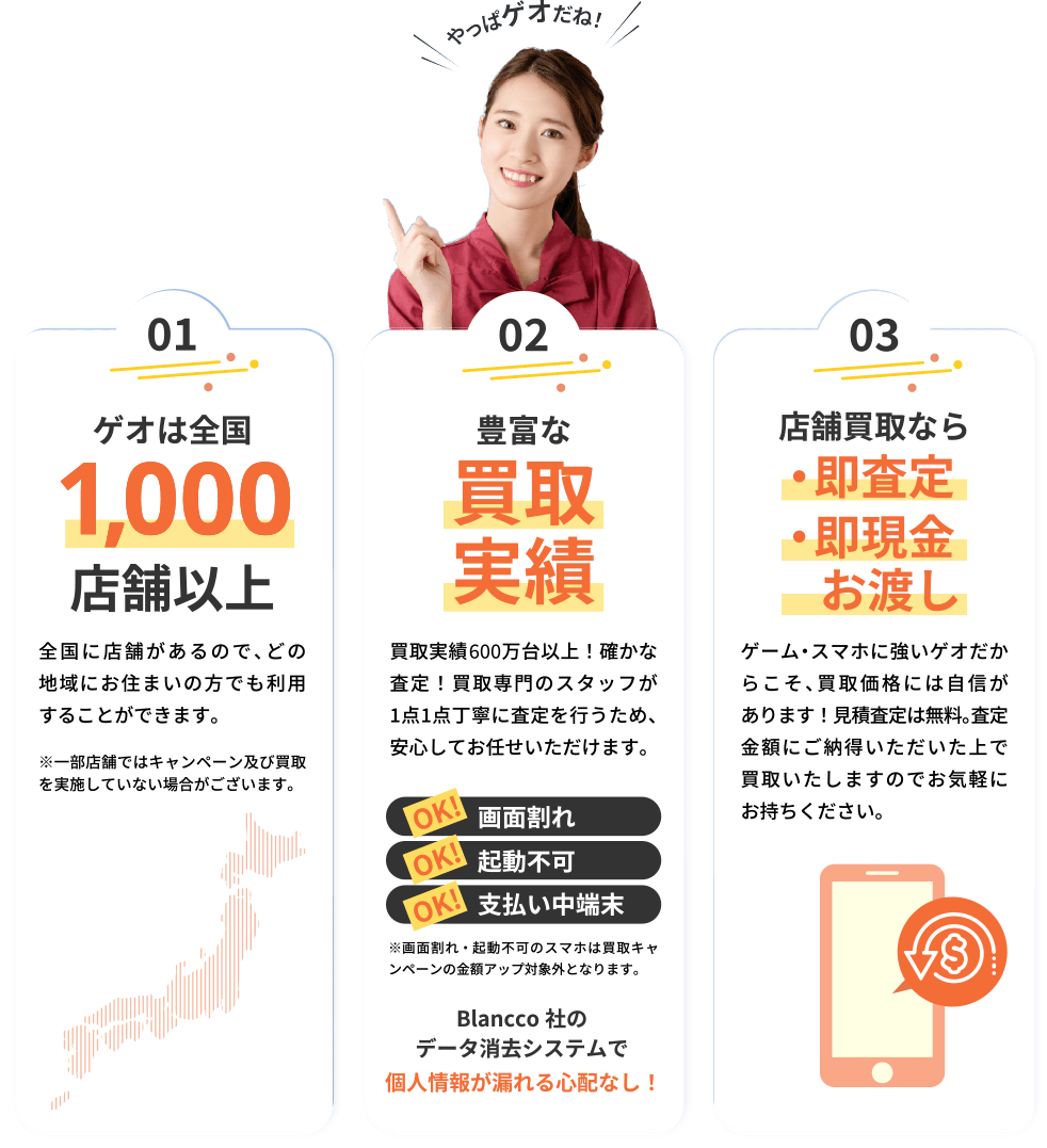 1ゲオは全国1,000店舗以上 全国に店舗があるので、どの地域にお住まいの方でも利用することができます。※一部店舗ではかキャンペーン及び買取を実施していない場合がございます。 2豊富な買取実績 買取実績600万台以上！確かな査定！買取専門のスタッフが1点1点丁寧に査定を行うため、安心してお任せいただけます。 3店舗買取なら即査定・即現金お渡し ゲーム・スマホに強いゲオだからこそ、買取価格には自信があります！見積査定は無料。査定金額にご納得いただいた上で買取いたしますのでお気軽にお持ちください。 