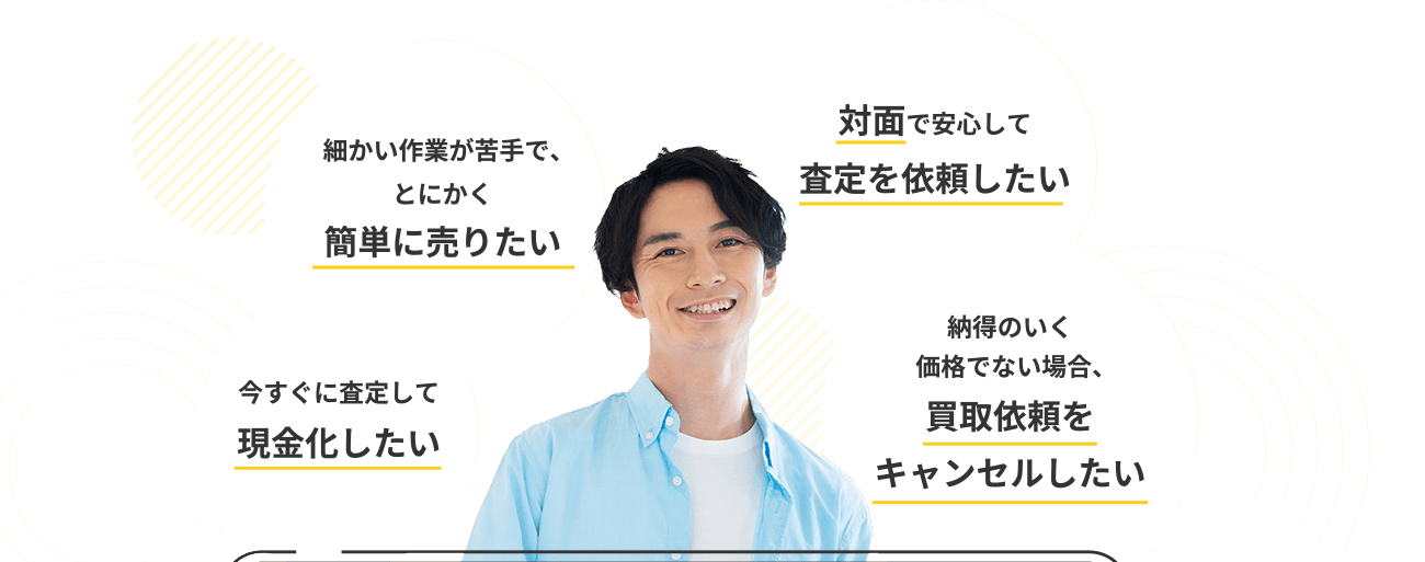 細かい作業が苦手で、とにかく簡単に売りたい 今すぐ査定して現金化したい 対面で安心して査定を依頼したい 納得のいく価格でない場合、買取依頼をキャンセルしたい