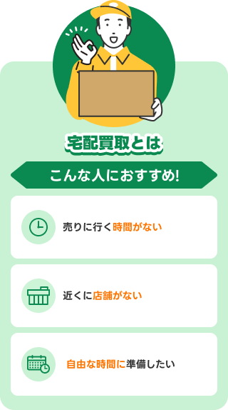 宅配買取とは こんな人におすすめ！ 売りに行く時間がない／近くに店舗がない／自由な時間に準備したい