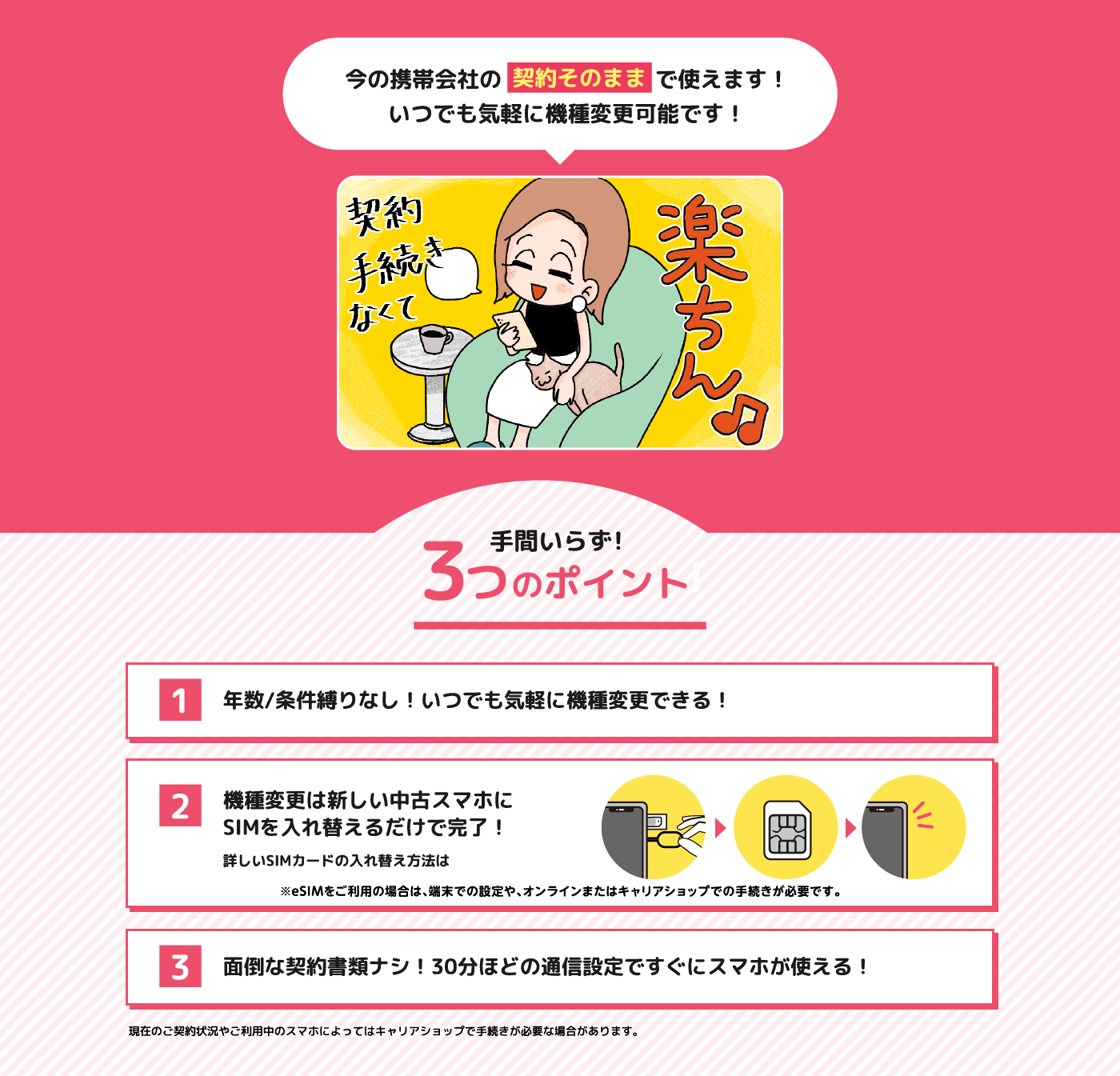 今の携帯会社の契約そのままで使えます！ いつでも気軽に機種変更可能です！