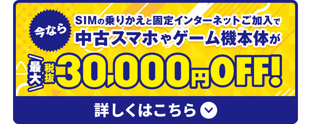格安SIMと固定インターネットご加入で中古スマホやゲーム機本体が最大30,000円OFF！